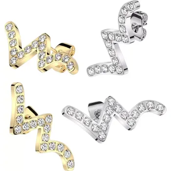 Náušnice Puzetové náušnice z oceli 316L - klikatý vzor se zaoblenými rameny, čiré zirkony - Barva náušnic - barva zirkonu: zlatá - čirá