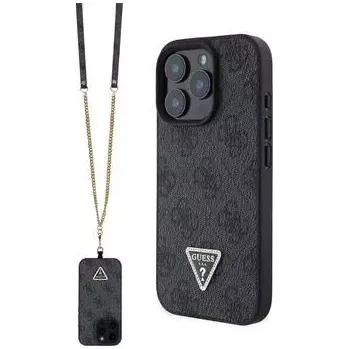 Guess PU 4G Strass Triangle Metal Logo Zadní Kryt + Crossbody Popruh pro iPhone 16 Pro Black