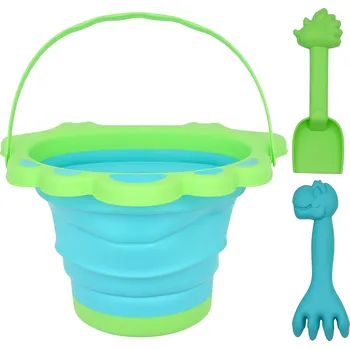 Hračka na písek Skládací kyblík na písek Dinosaurus s lopatkou a hráběmi ZELENÝ