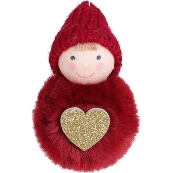 Vánoční dekorace DEKORATIVNÍ PANENKA SE SRDÍČKEM 8CM V ČEPICI A KOŽÍŠKU ČERVENÁ