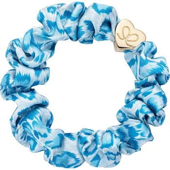 Gold Heart Silk Scrunchie Blue Leopard
