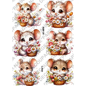 Umělecký papír Rýžový a soft papír na decoupage - Myška s kyticí - KB03660 Materiál: Soft, Rozměr: A4