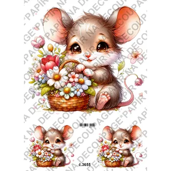 Umělecký papír Rýžový a soft papír na decoupage - Myška s kyticí - KB03655 Materiál: Soft, Rozměr: A4