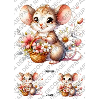 Umělecký papír Rýžový a soft papír na decoupage - Myška s kyticí - KB03652 Materiál: Rýžový papír, Rozměr: A4