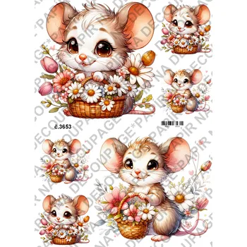 Umělecký papír Rýžový a soft papír na decoupage - Myška s kyticí - KB03653 Materiál: Soft, Rozměr: A4