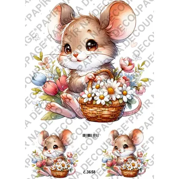 Umělecký papír Rýžový a soft papír na decoupage - Myška s kyticí - KB03658 Materiál: Soft, Rozměr: A4