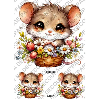 Umělecký papír Rýžový a soft papír na decoupage - Myška s kyticí - KB03657 Materiál: Soft, Rozměr: A4