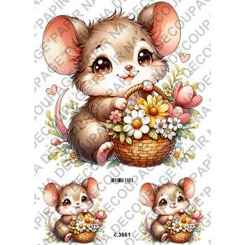 Umělecký papír Rýžový a soft papír na decoupage - Myška s kyticí - KB03661 Materiál: Rýžový papír, Rozměr: A4
