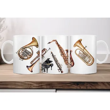 Hrnek 330ml, HUDEBNÍ NÁSTROJE, saxofon, trubka..., cena za 1 ks