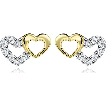 Náušnice Zlaté náušnice 14K dvě srdce ze směsového zlata s kubickými zirkony
