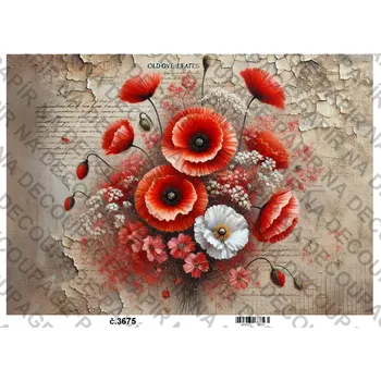 Umělecký papír Rýžový a soft papír na decoupage - Vlčí máky vintage - KB03675 Materiál: Soft, Rozměr: A4