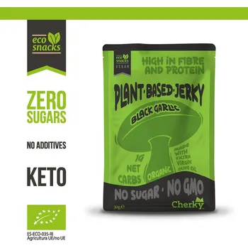 Sušené maso Cherky Plant Based Jerky Black Garlic & Coffee, 30 g BIO veganské jerky ze šitake, *ES-ECO-035-RI certifikát