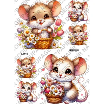 Umělecký papír Rýžový a soft papír na decoupage - Myška s kyticí - KB03666 Materiál: Soft, Rozměr: A4