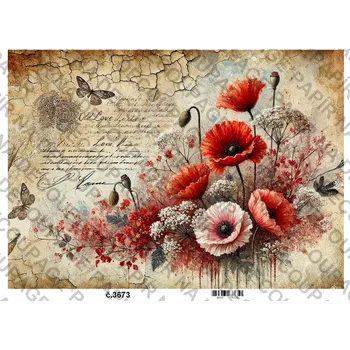 Umělecký papír Rýžový a soft papír na decoupage - Vlčí máky vintage - KB03673 Materiál: Soft, Rozměr: A4