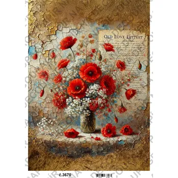 Umělecký papír Rýžový a soft papír na decoupage - Vlčí máky vintage - KB03670 Materiál: Soft, Rozměr: A4