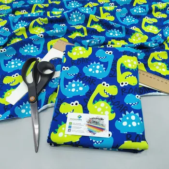 Moraviatex Balíček 1 metr - Jednolíc elastický Bavlna/Elastan 6% digi tisk Dino (modrý,kiwi) 0,35kg