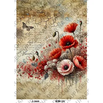Umělecký papír Rýžový a soft papír na decoupage - Vlčí máky vintage - KB03669 Materiál: Soft, Rozměr: A4
