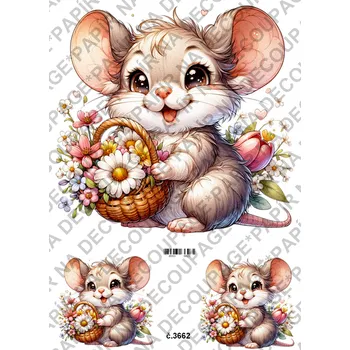 Umělecký papír Rýžový a soft papír na decoupage - Myška s kyticí - KB03662 Materiál: Soft, Rozměr: A4