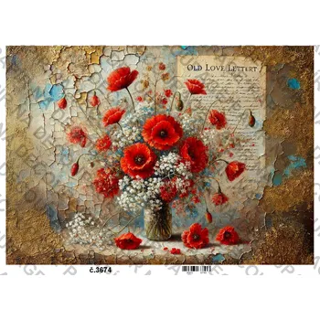 Umělecký papír Rýžový a soft papír na decoupage - Vlčí máky vintage - KB03674 Materiál: Soft, Rozměr: A4