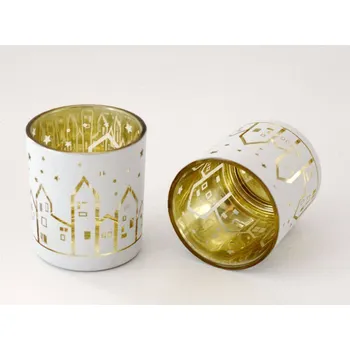 Svícen Sklenička - svícen BÍLOZLATÝ s domky