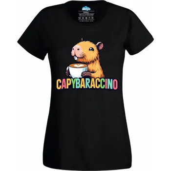 Dámské tričko Dámské tričko Kapybara s kávou Capybaraccino (Velikost: XXL, Barva: Černá)