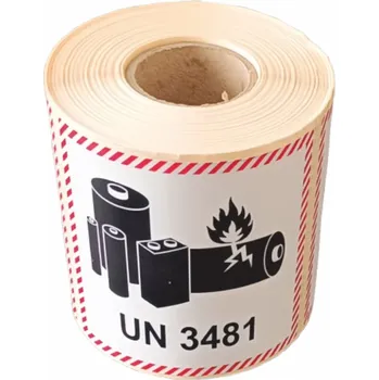 Obalový štítek pro lithium-iontové baterie - UN 3481 lakovaná papírová samolepka role 500ks 100x100mm