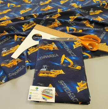 Moraviatex Balíček 1 metr - Jednolíc elastický Bavlna/Elastan 6% digi tisk Bagr (modré pozadí) 0,36kg