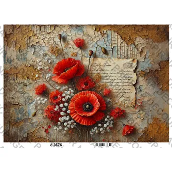 Umělecký papír Rýžový a soft papír na decoupage - Vlčí máky vintage - KB03676 Materiál: Soft, Rozměr: A4