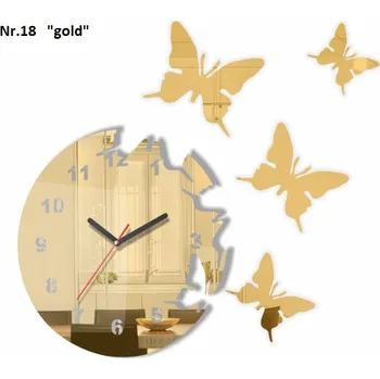 Hodiny Nástěnné hodiny s nalepovacími motýly zlatá