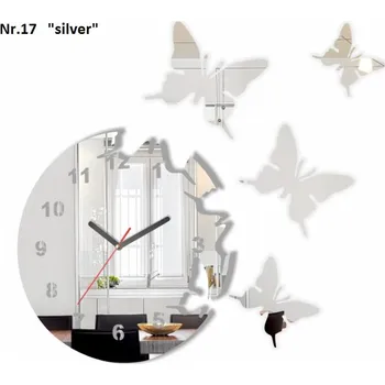 Hodiny Nástěnné hodiny s nalepovacími motýly stříbrná