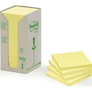 Samolepící bloček 3M Post-it samolepící recyklovaný bloček 654-1T, rozměr 76x76 mm, 16x100 lístků, žluté barvy