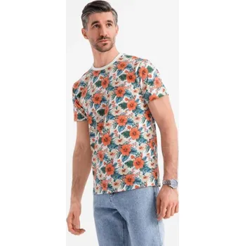 Ombre Clothing Pánské bílé tričko s květinovým potiskem V1 TSFP-0249