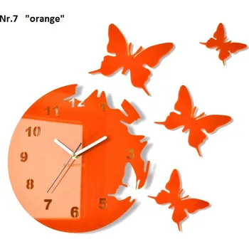 Hodiny Nástěnné hodiny s nalepovacími motýly Oranžová