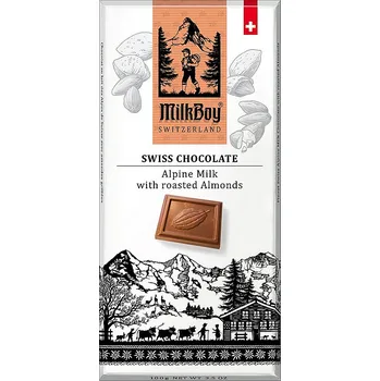 Cukrovinka Švýcarské čokolády Milkboy MILKBOY SWISS Mléčná čokoláda roasted Almonds 100g