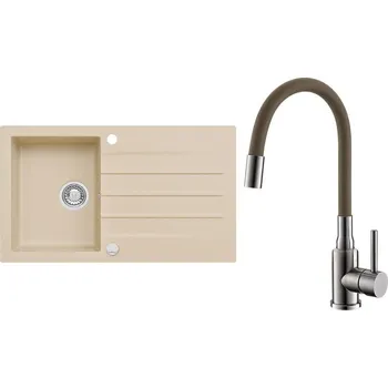 Granitový dřez Set Alveus (dřez Cortina 130 Beige 55, s excentrem + baterie Mintas Béžová/Kartáčovaná ocel) SETA25345