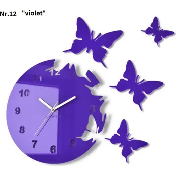 Hodiny Nástěnné hodiny s nalepovacími motýly fialová