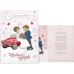 Přání svatební, s textem, červené auto