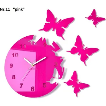 Hodiny Nástěnné hodiny s nalepovacími motýly Růžová