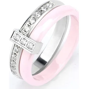 Prsten Prosperk Prsten keramický růžový s ocelí a krystalky Velikost prstenů: 7 (EU: 54-56)