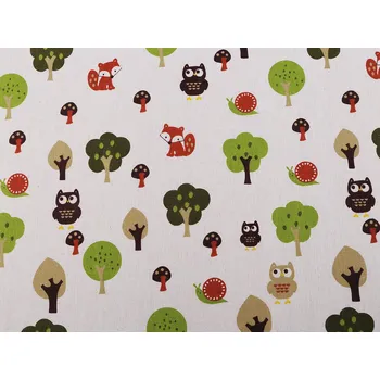 Bavlněná metráž / imitace lnu hrubší, lesní zvířátka Varianta: režná, Balení: 1 m