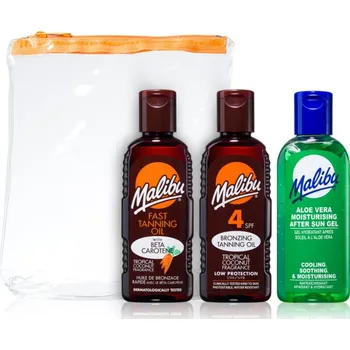 Přípravek po opalování Malibu Travel Set Malibu Bronzing Tanning Oil hydratační a bronzující sprej na opalování 100 ml + Malibu After Sun chladivý gel po opalování 100 ml + Malibu Fast Tanning Oil přípravek k urychlení a prodloužení opálení 100 ml