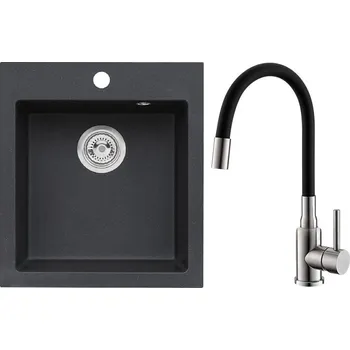 Granitový dřez Set Alveus (dřez Cortina 20 Black 91 + baterie Mintas Černá/Kartáčovaná ocel) SETA25181