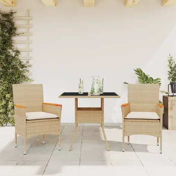 3dílný zahradní jídelní set s poduškami béžový polyratan a sklo Béžová3278707