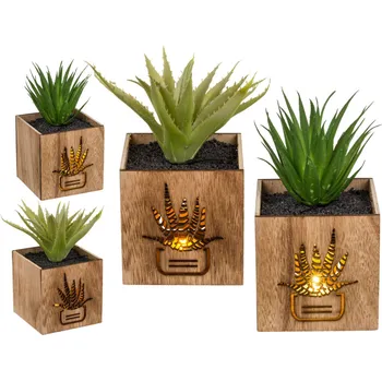 umělá květina Dekorační květináč dřevěný s LED světlem 10x18cm