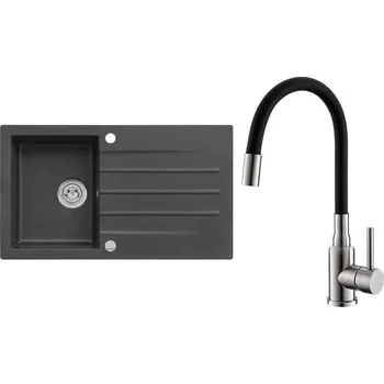 Granitový dřez Set Alveus (dřez Cortina 130 Black 91, s excentrem + baterie Mintas Černá/Kartáčovaná ocel) SETA25347