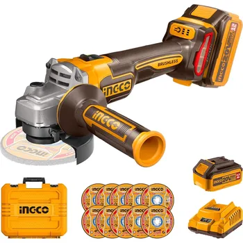 úhlová bruska Ingco CAGLI211541 AKU úhlová bruska 115mm vč. baterie, nabíječky a 10 ks řezných kotoučů