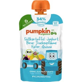 Dětská výživa Pumpkin Organics BIO Zeleninové pyré - Batát, jogurt, hruška, švestka, oves, quinoa, 10. měsíc, 100 g