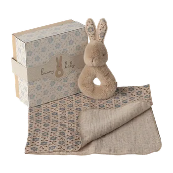 Hračka pro nejmenší Maileg - Sada s chrastítkem králíček - Cream peach