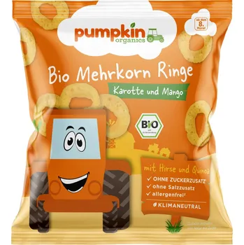Slaná pochutina Pumpkin Organics BIO Foukané křupky 20 g - Vícezrnné kroužky z mrkve a manga (8. měsíc)