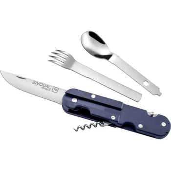 Kempovací nůž TB OUTDOOR BIVOUAC FRENCH NAVY BLUE HANDLE - TEXTILE POUCH - FORK and SPOON